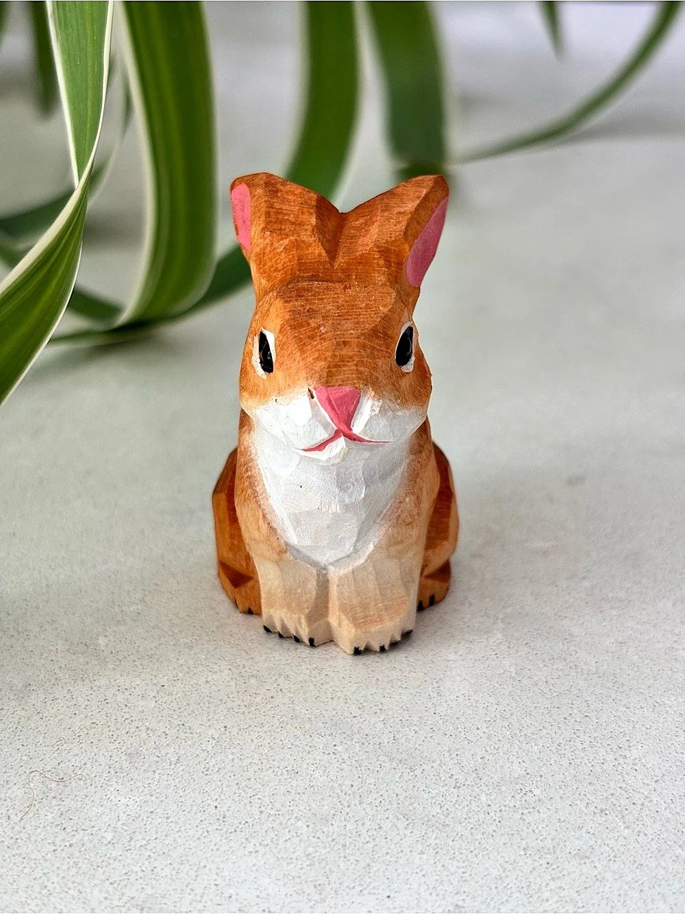 Hand-Carved Rabbit Sculpture in Brown & White